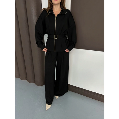 Fermuarlı Kemer Detaylı İkili Takım Siyah