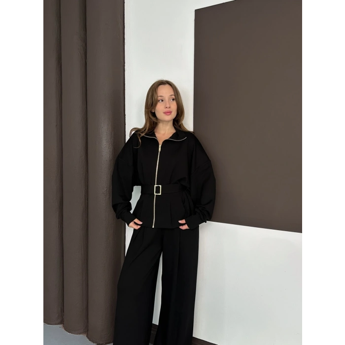 Fermuarlı Kemer Detaylı İkili Takım Siyah