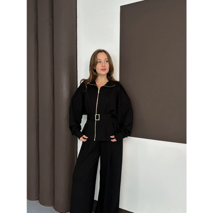 Fermuarlı Kemer Detaylı İkili Takım Siyah