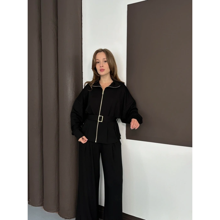 Fermuarlı Kemer Detaylı İkili Takım Siyah