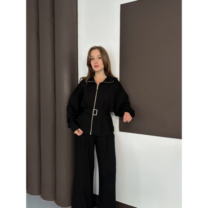 Fermuarlı Kemer Detaylı İkili Takım Siyah