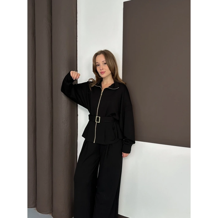 Fermuarlı Kemer Detaylı İkili Takım Siyah