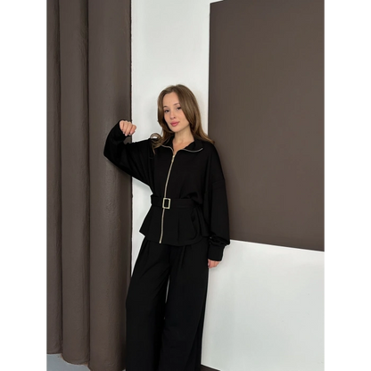 Fermuarlı Kemer Detaylı İkili Takım Siyah