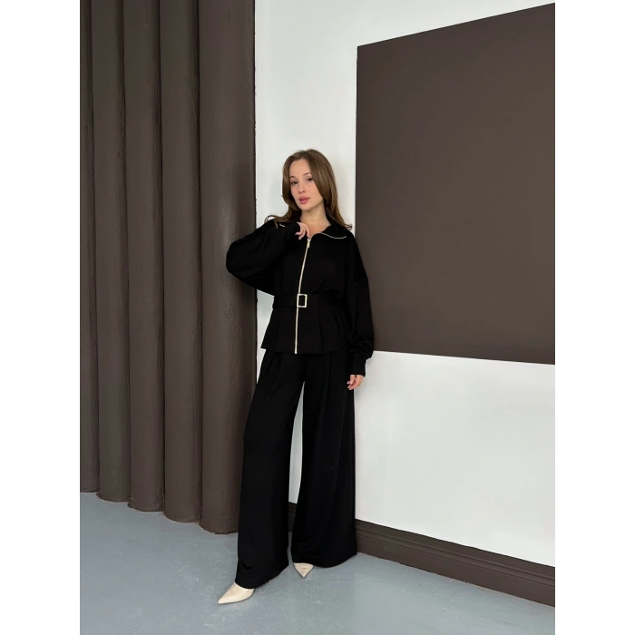 Fermuarlı Kemer Detaylı İkili Takım Siyah