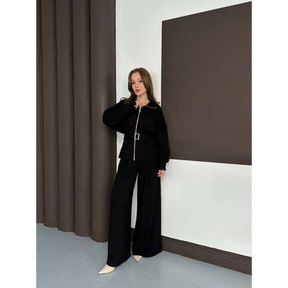 Fermuarlı Kemer Detaylı İkili Takım Siyah