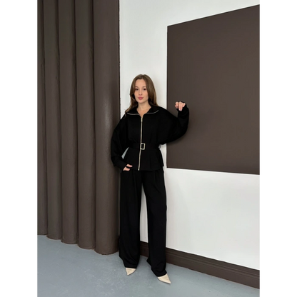 Fermuarlı Kemer Detaylı İkili Takım Siyah