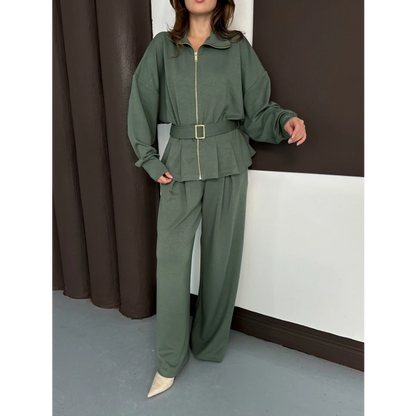 Fermuarlı Kemer Detaylı İkili Takım Yeşil