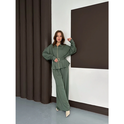 Fermuarlı Kemer Detaylı İkili Takım Yeşil