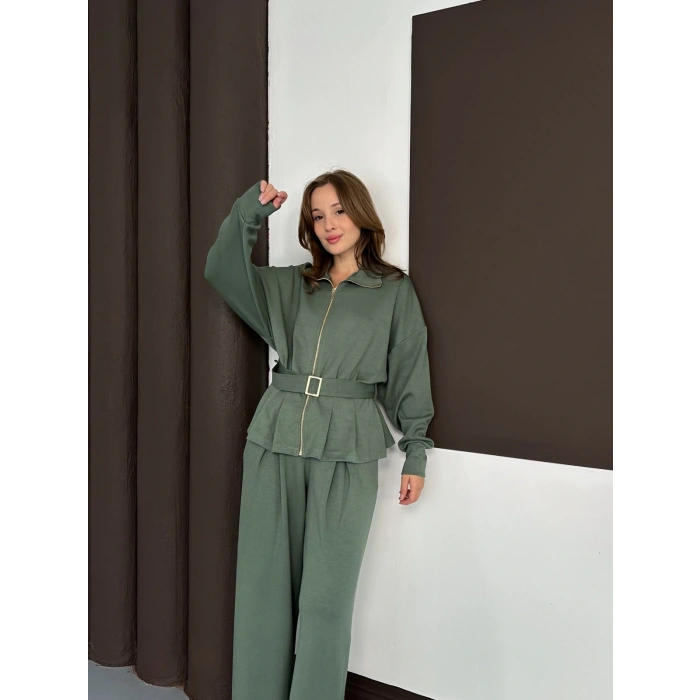 Fermuarlı Kemer Detaylı İkili Takım Yeşil