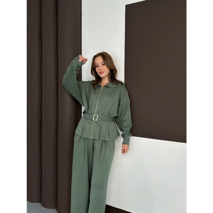 Fermuarlı Kemer Detaylı İkili Takım Yeşil