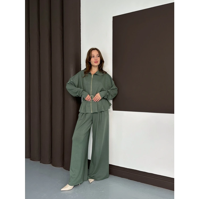 Fermuarlı Kemer Detaylı İkili Takım Yeşil
