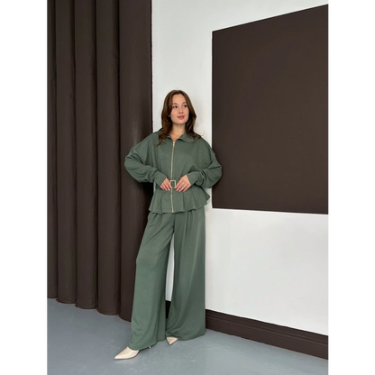 Fermuarlı Kemer Detaylı İkili Takım Yeşil