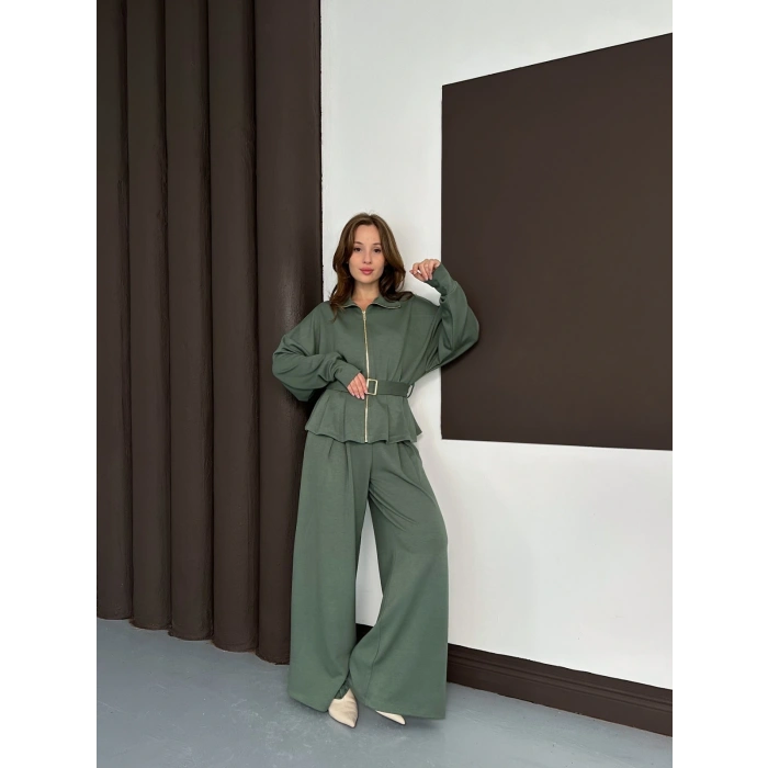 Fermuarlı Kemer Detaylı İkili Takım Yeşil