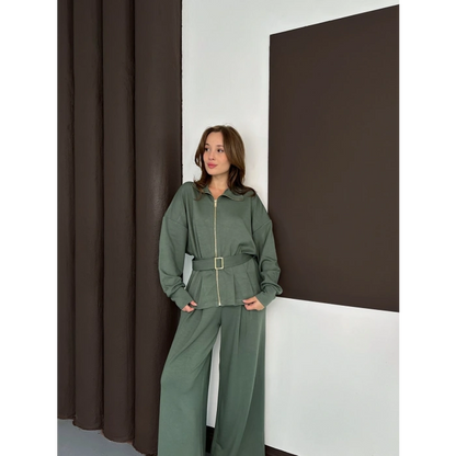 Fermuarlı Kemer Detaylı İkili Takım Yeşil