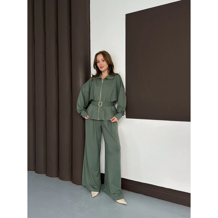 Fermuarlı Kemer Detaylı İkili Takım Yeşil