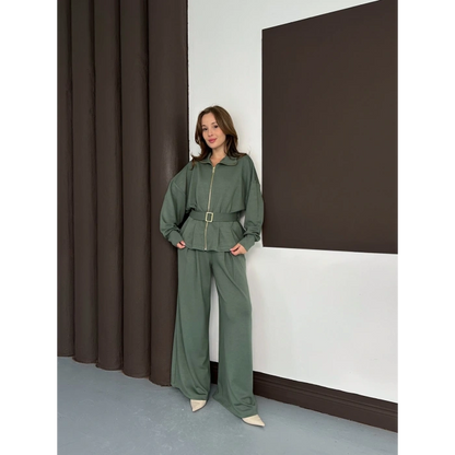 Fermuarlı Kemer Detaylı İkili Takım Yeşil