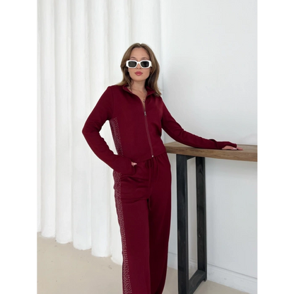 Fermuarlı Taş İşleme Detaylı Takım Bordo
