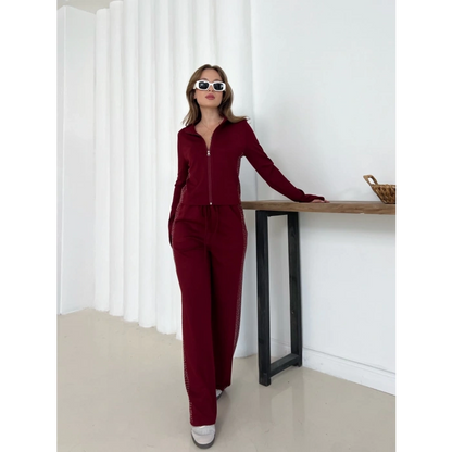 Fermuarlı Taş İşleme Detaylı Takım Bordo