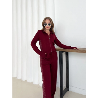 Fermuarlı Taş İşleme Detaylı Takım Bordo