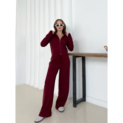 Fermuarlı Taş İşleme Detaylı Takım Bordo