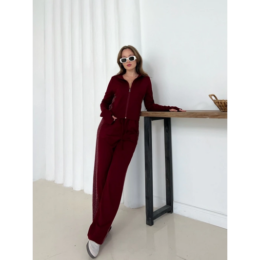 Fermuarlı Taş İşleme Detaylı Takım Bordo