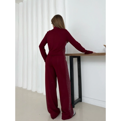 Fermuarlı Taş İşleme Detaylı Takım Bordo