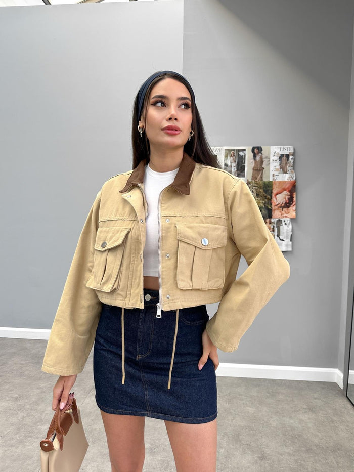 Gabardin Torba Cepli Crop Ceket