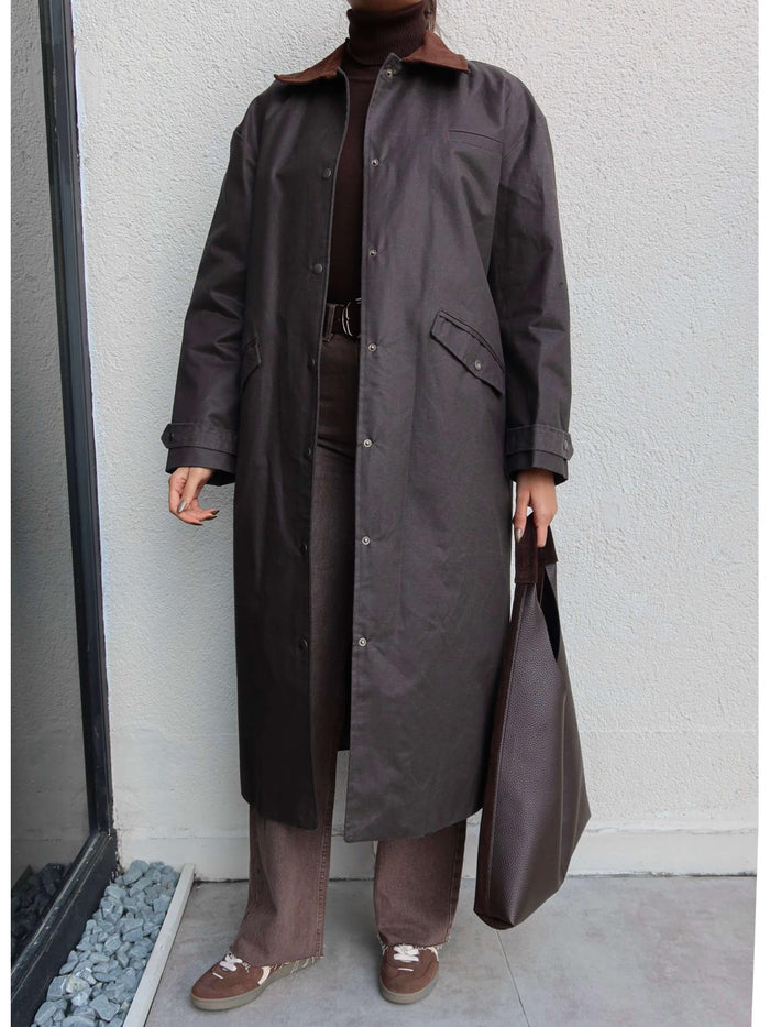 Kadife Yaka Çıtçıtlı Trench Acı Kahve