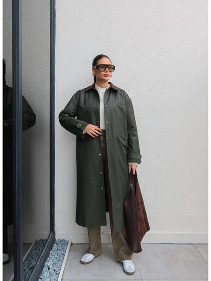 Kadife Yaka Çıtçıtlı Trench Koyu Haki