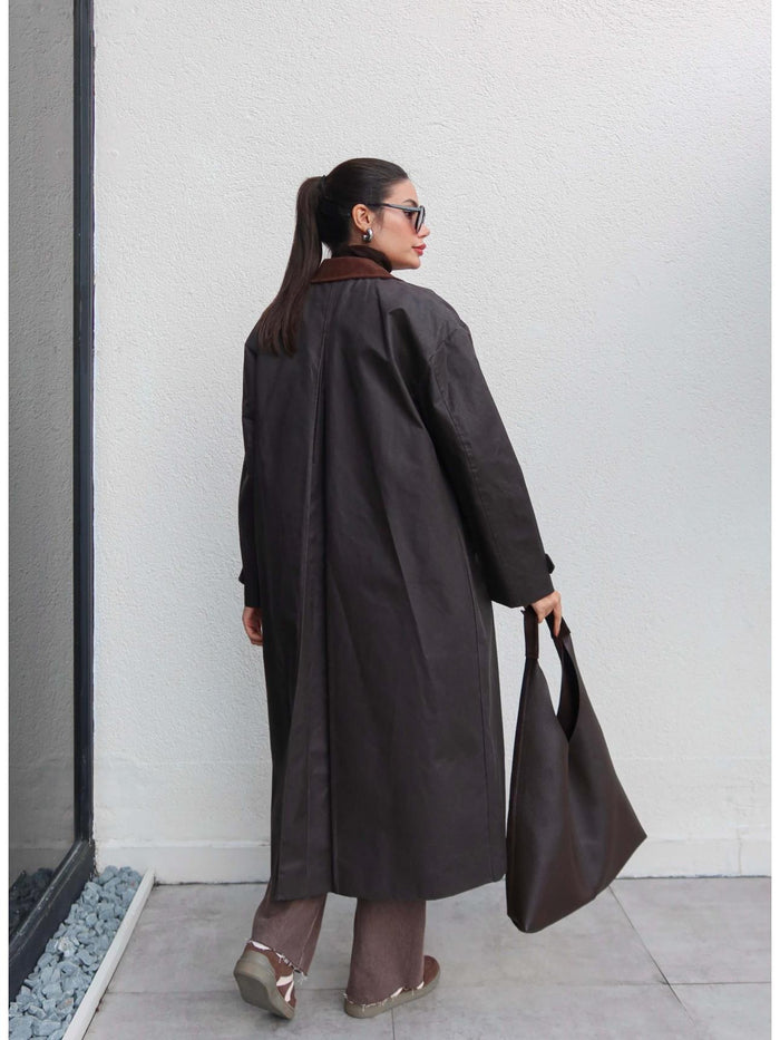 Kadife Yaka Çıtçıtlı Trench Acı Kahve