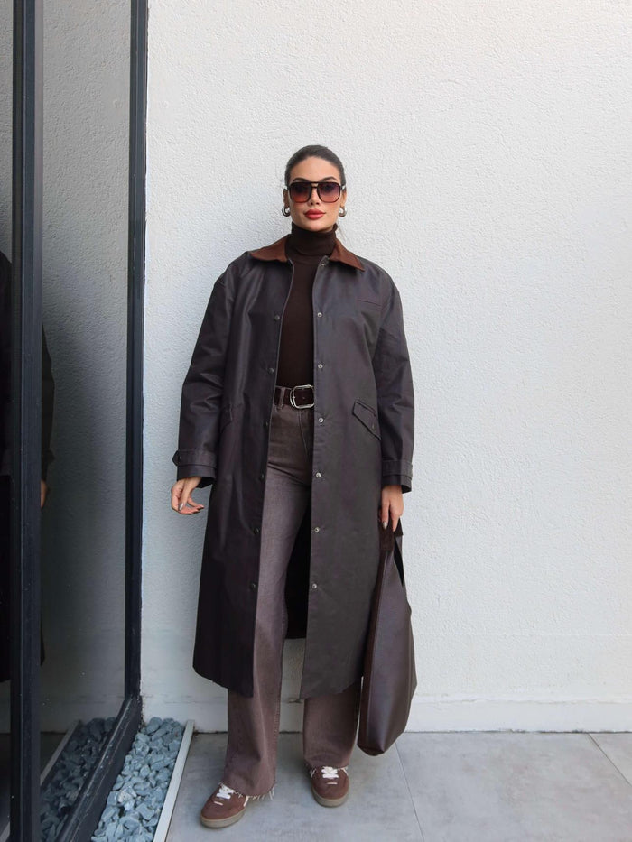 Kadife Yaka Çıtçıtlı Trench Acı Kahve