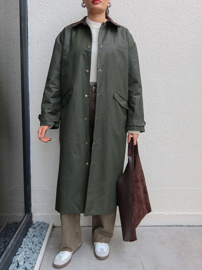 Kadife Yaka Çıtçıtlı Trench Koyu Haki