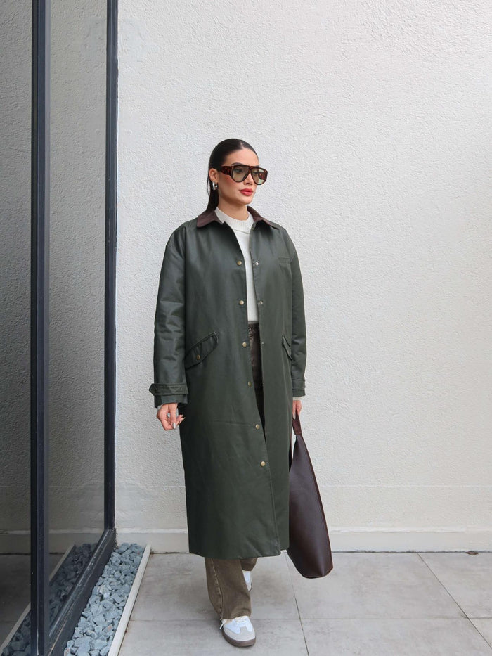 Kadife Yaka Çıtçıtlı Trench Koyu Haki