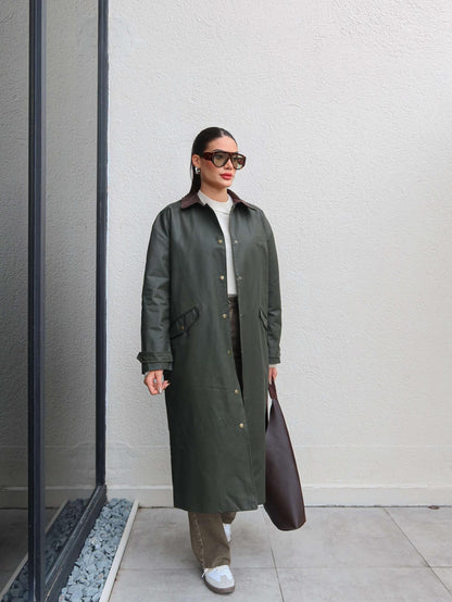 Kadife Yaka Çıtçıtlı Trench Koyu Haki