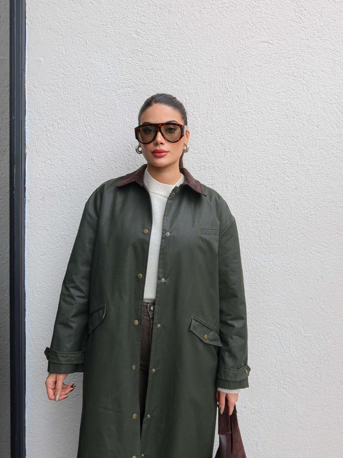 Kadife Yaka Çıtçıtlı Trench Koyu Haki