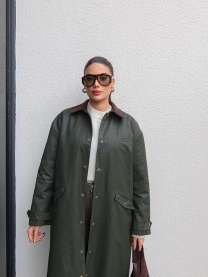 Kadife Yaka Çıtçıtlı Trench Koyu Haki