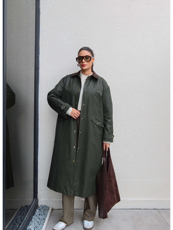 Kadife Yaka Çıtçıtlı Trench Koyu Haki