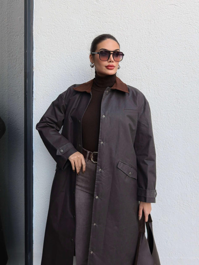 Kadife Yaka Çıtçıtlı Trench Acı Kahve