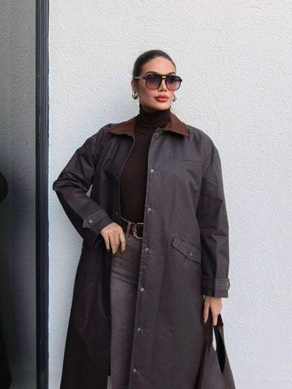 Kadife Yaka Çıtçıtlı Trench Acı Kahve
