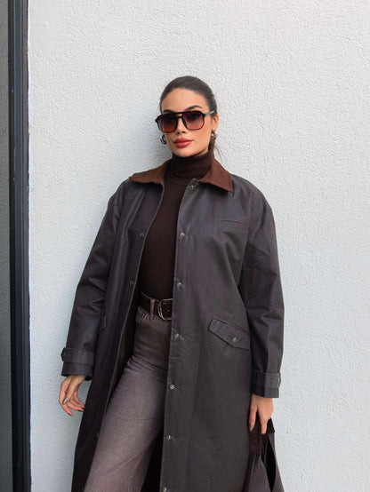 Kadife Yaka Çıtçıtlı Trench Acı Kahve