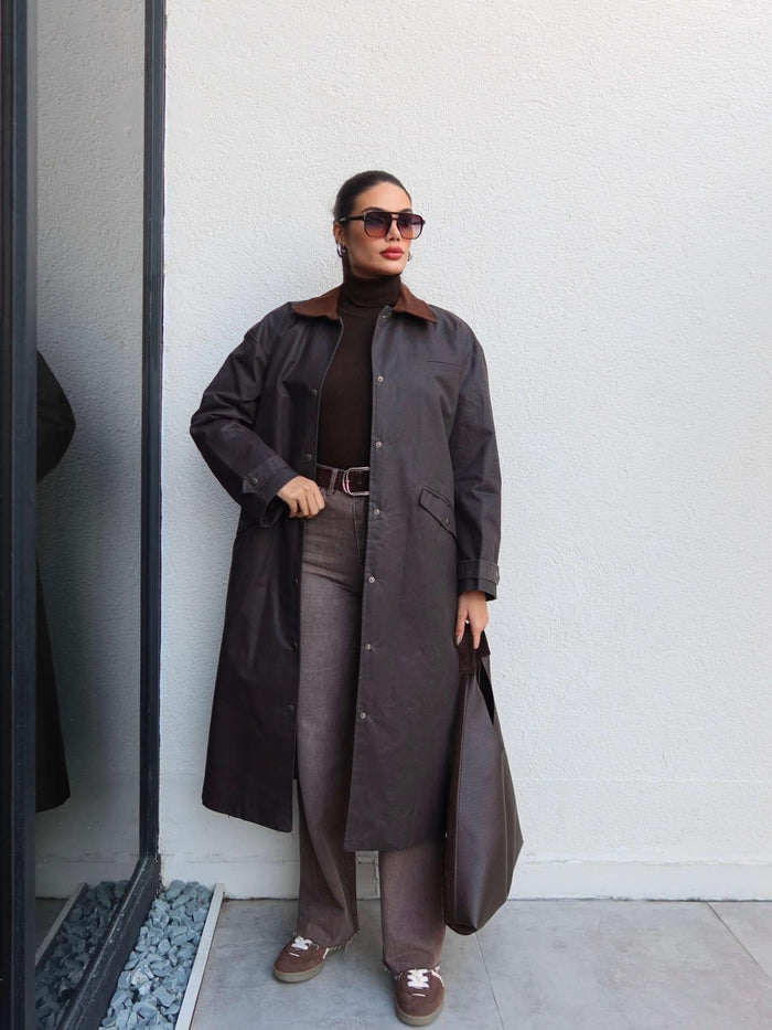 Kadife Yaka Çıtçıtlı Trench Acı Kahve