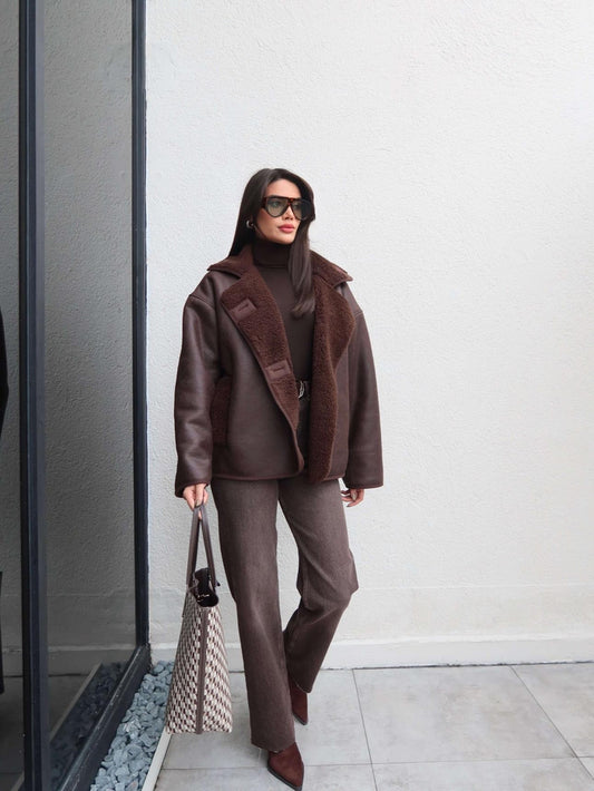 Siyah Düğmeli Süet Ceket Kahve