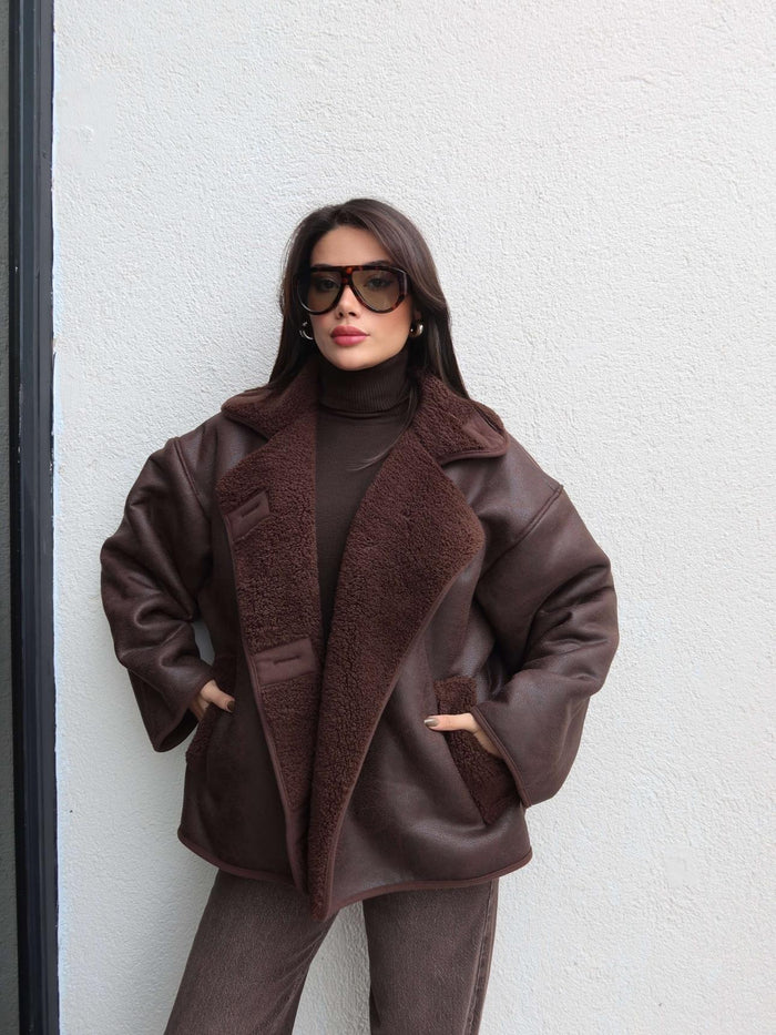 Siyah Düğmeli Süet Ceket Kahve