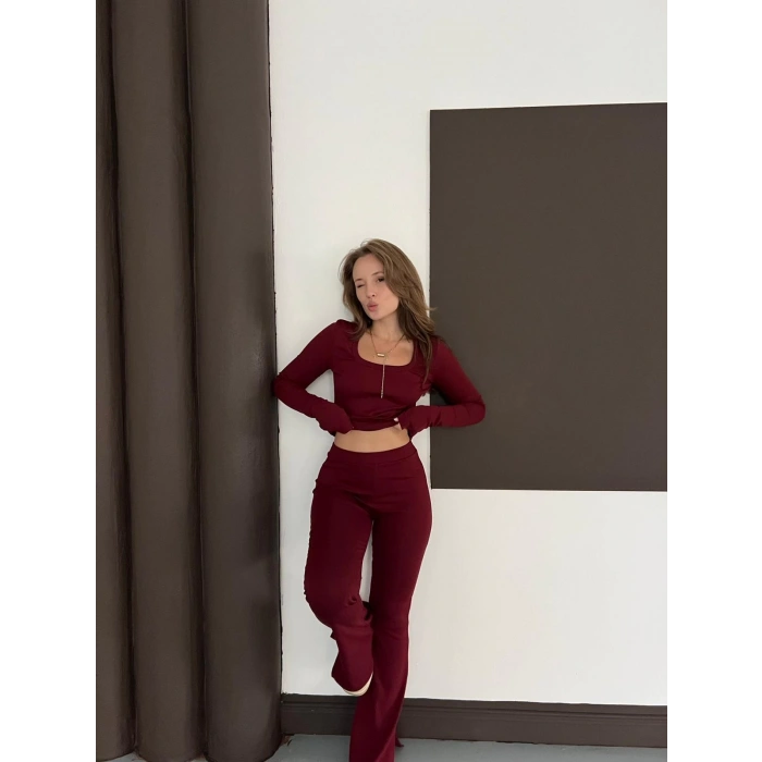 Bordo Kare Yaka İspanyol Paça İkili Takım