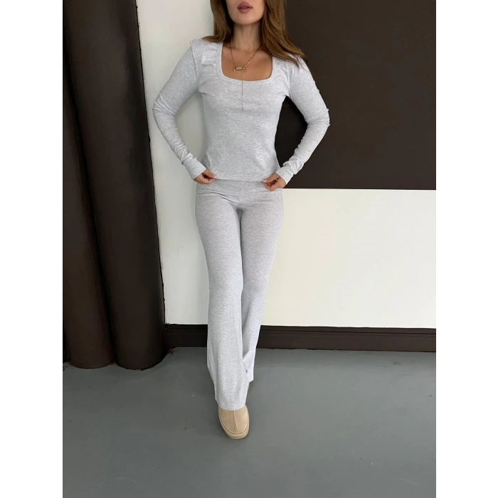 Gri Kare Yaka İspanyol Paça İkili Takım