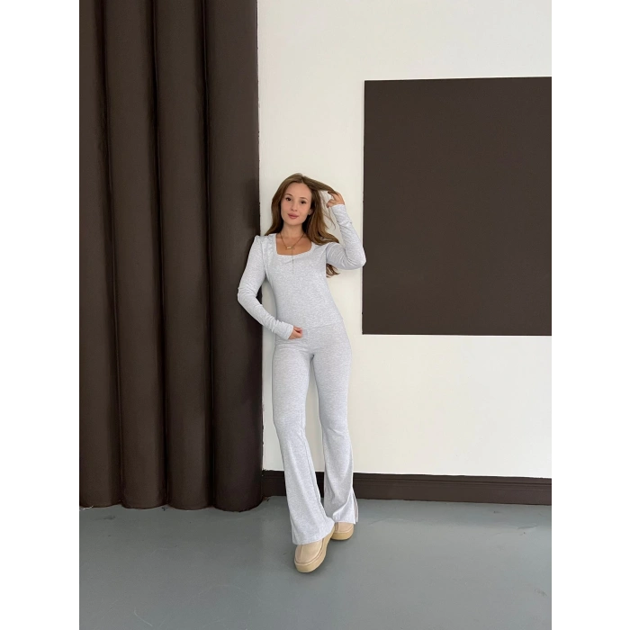 Gri Kare Yaka İspanyol Paça İkili Takım