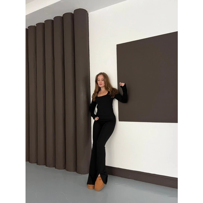 Siyah Kare Yaka İspanyol Paça İkili Takım