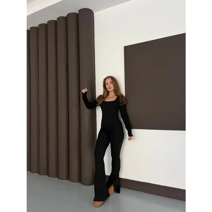 Siyah Kare Yaka İspanyol Paça İkili Takım