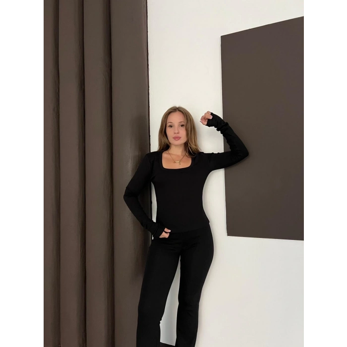 Siyah Kare Yaka İspanyol Paça İkili Takım