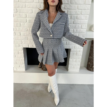 Kaz Ayağı Desen Pliseli Etek Crop Ceket Takım Lacivert